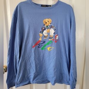 Ralph Lauren Blue Long Sleeve Tee with Polo Bear Painter Art Graphic